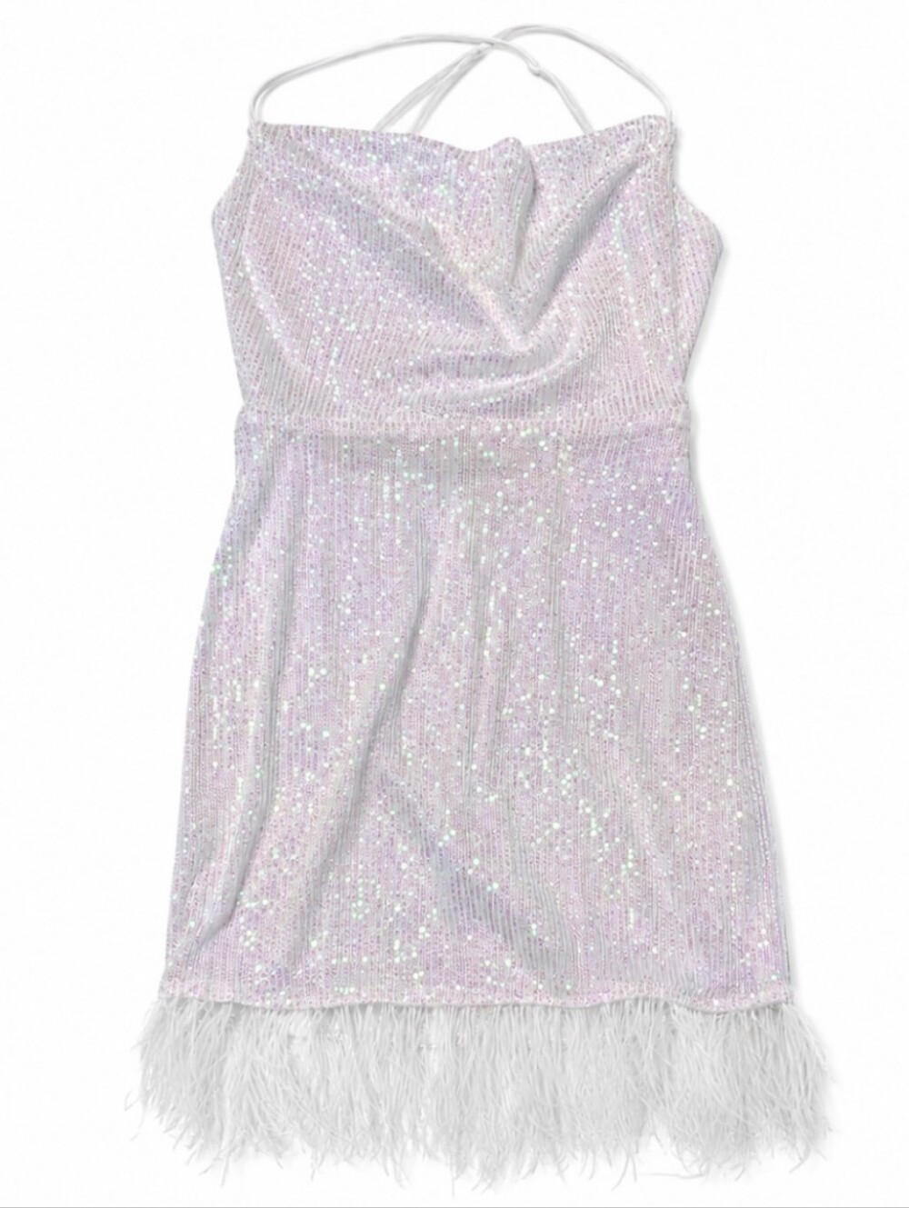 Juniors Size 9 Iridescent Ivy/Pink Sequin Prom Dress with Feather Hem